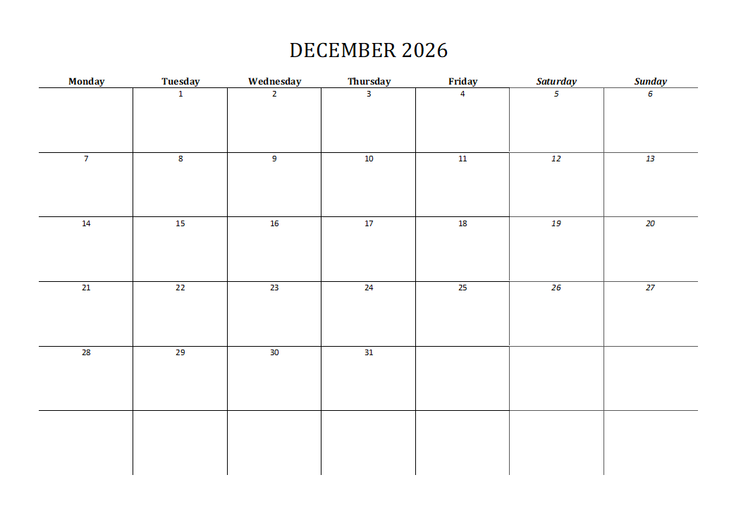2026 Calendar Printable Landscape, Monthly Calendar Planner download PDF v1