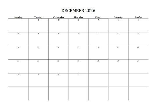 2026 Calendar Printable Landscape, Monthly Calendar Planner download PDF v1