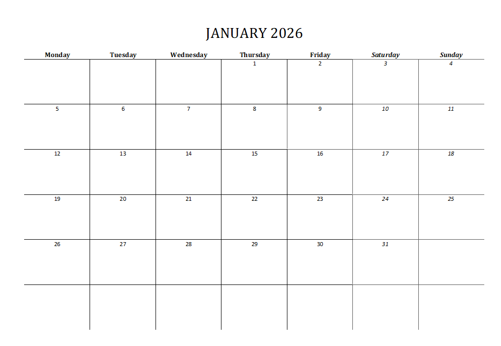 2026 Calendar Printable Landscape, Monthly Calendar Planner download PDF v1