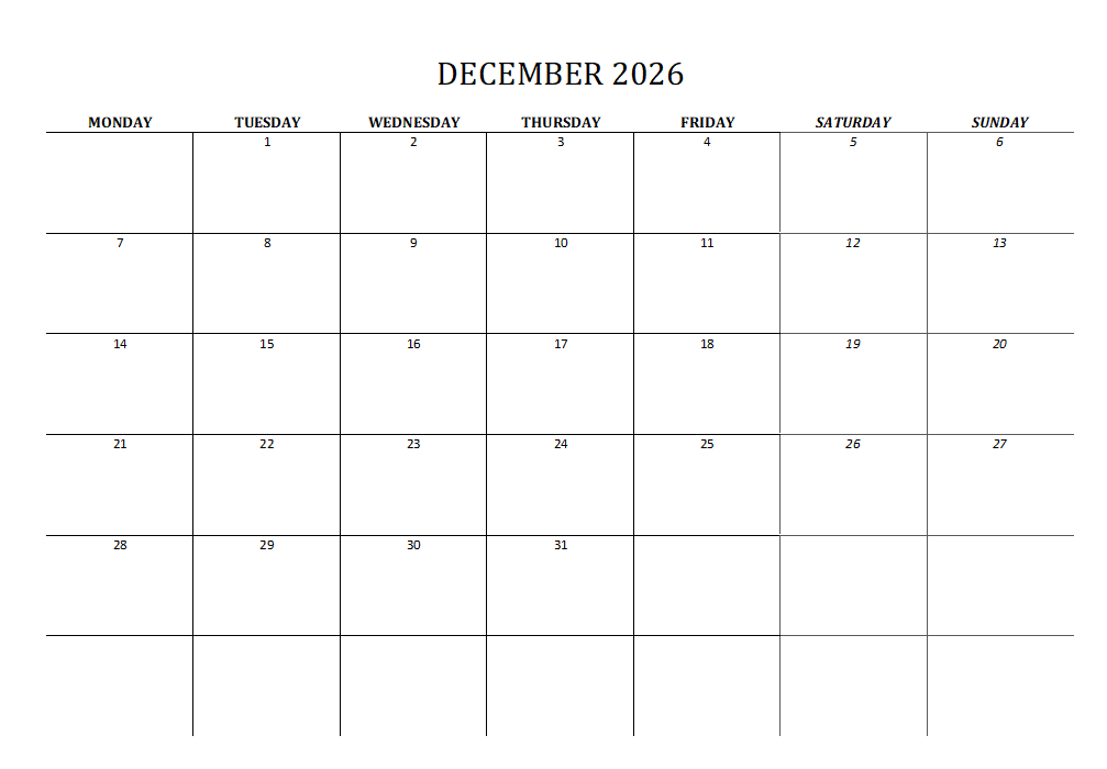 2026 Calendar Printable Landscape, Monthly Calendar Planner download PDF v2