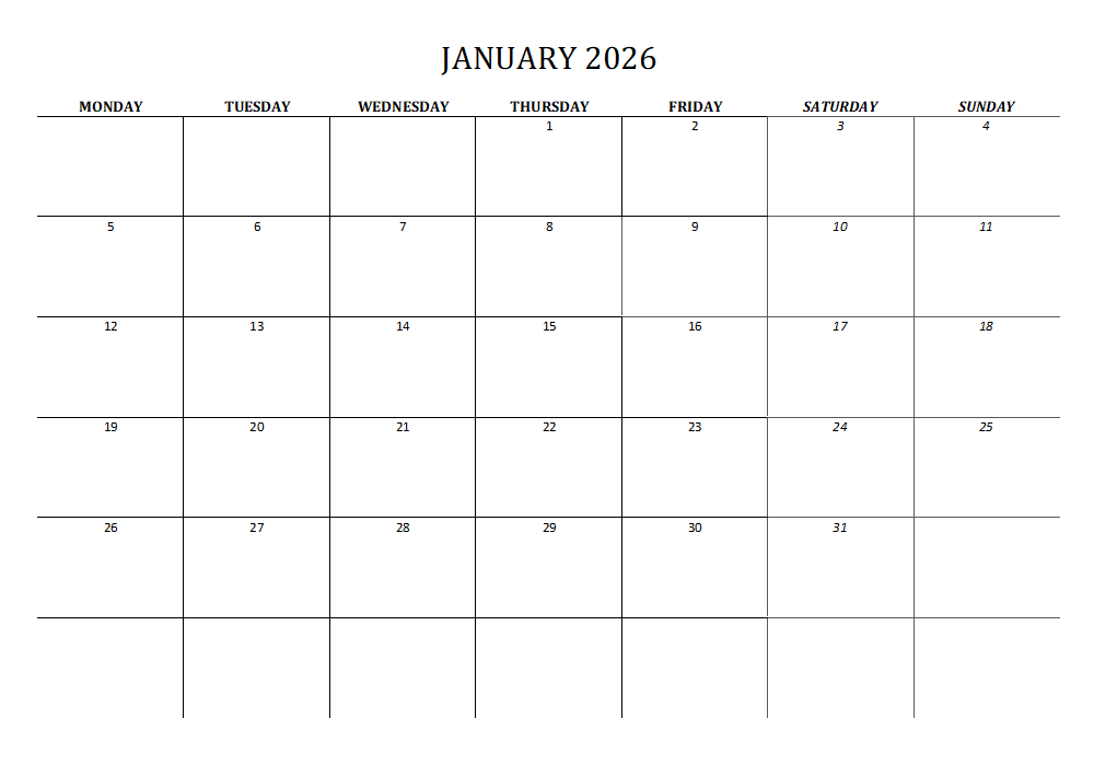 2026 Calendar Printable Landscape, Monthly Calendar Planner download PDF v2