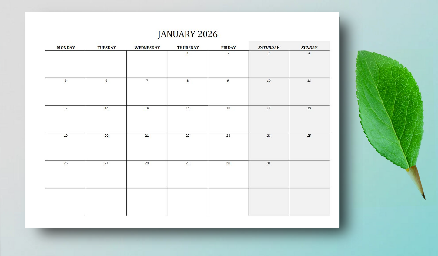2026 Calendar Printable Landscape, Monthly Calendar Planner download PDF v3