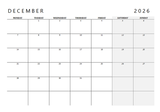 2026 Calendar Printable Landscape, Monthly Calendar Planner download PDF v4