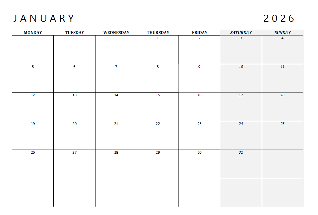 2026 Calendar Printable Landscape, Monthly Calendar Planner download PDF v4