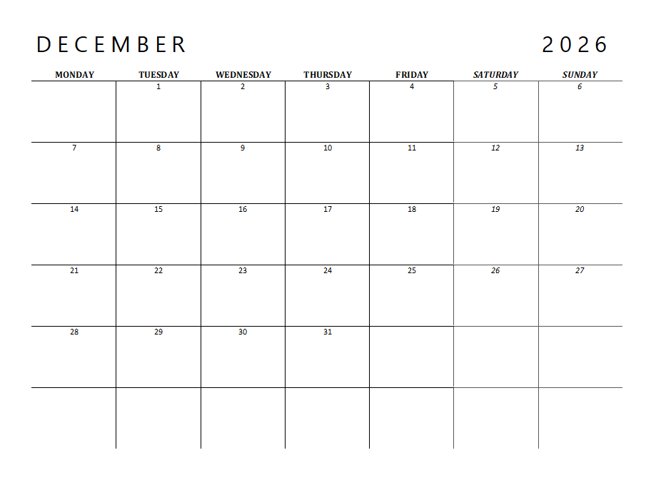 2026 Calendar Printable Landscape, Monthly Calendar Planner download PDF v6