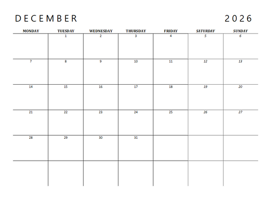 2026 Calendar Printable Landscape, Monthly Calendar Planner download PDF v6