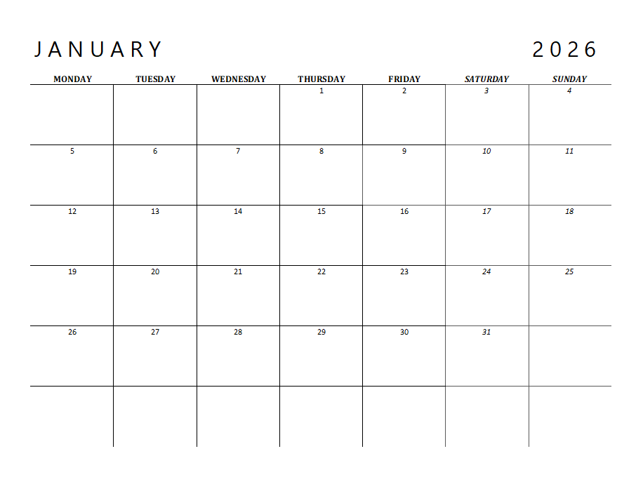2026 Calendar Printable Landscape, Monthly Calendar Planner download PDF v6